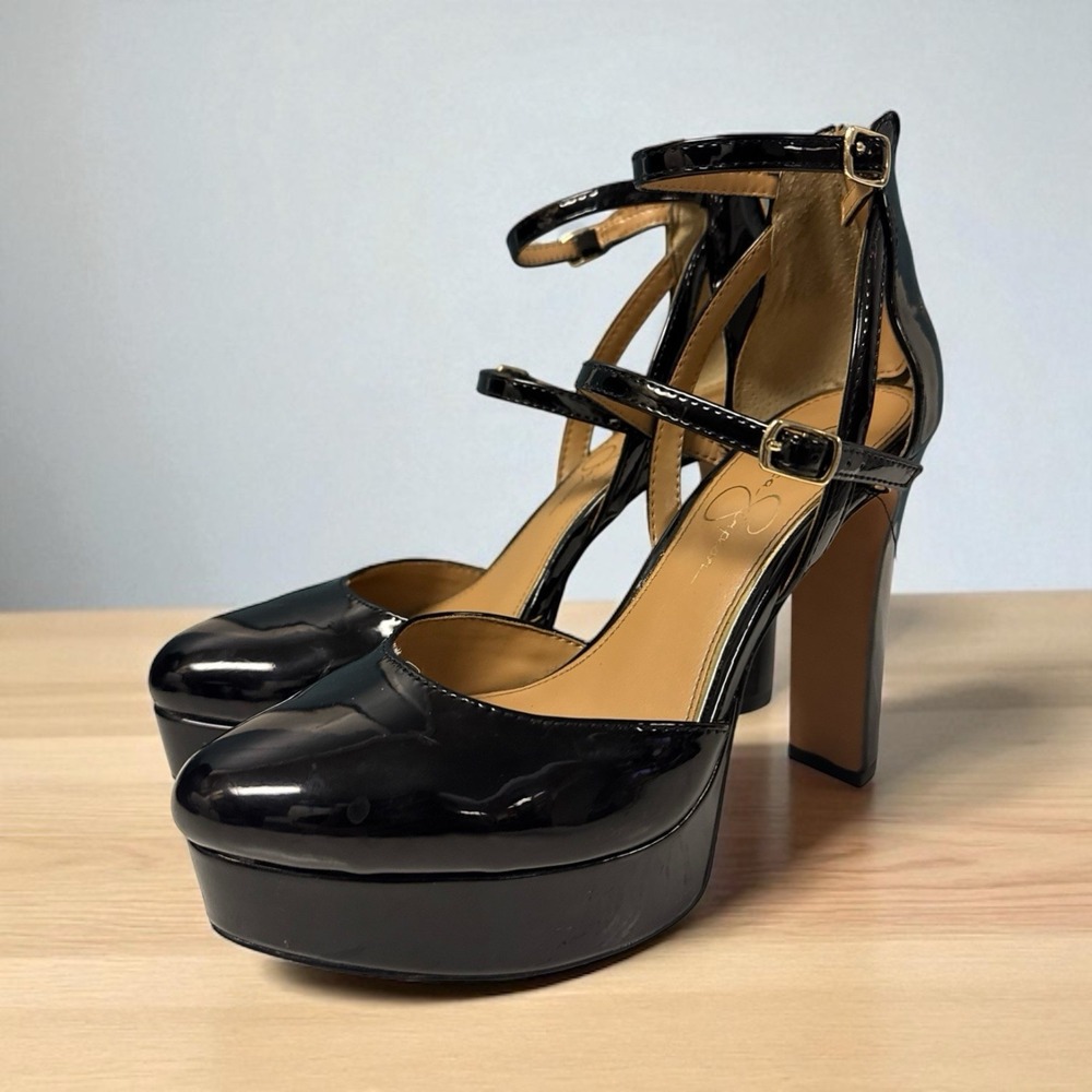 Jessica Simpson Platform Chunky Heel Shoe Double Ankle Straps Black Women's 7